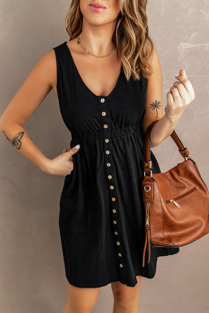 High-Waist Sleeveless Button-Up Mini Dress