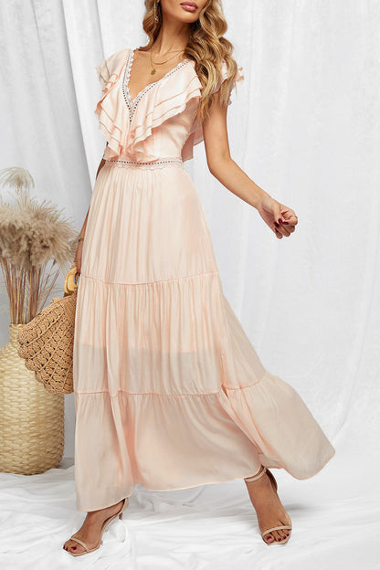 Lace Splicing Ruffled Deep V Neck Maxi Dress