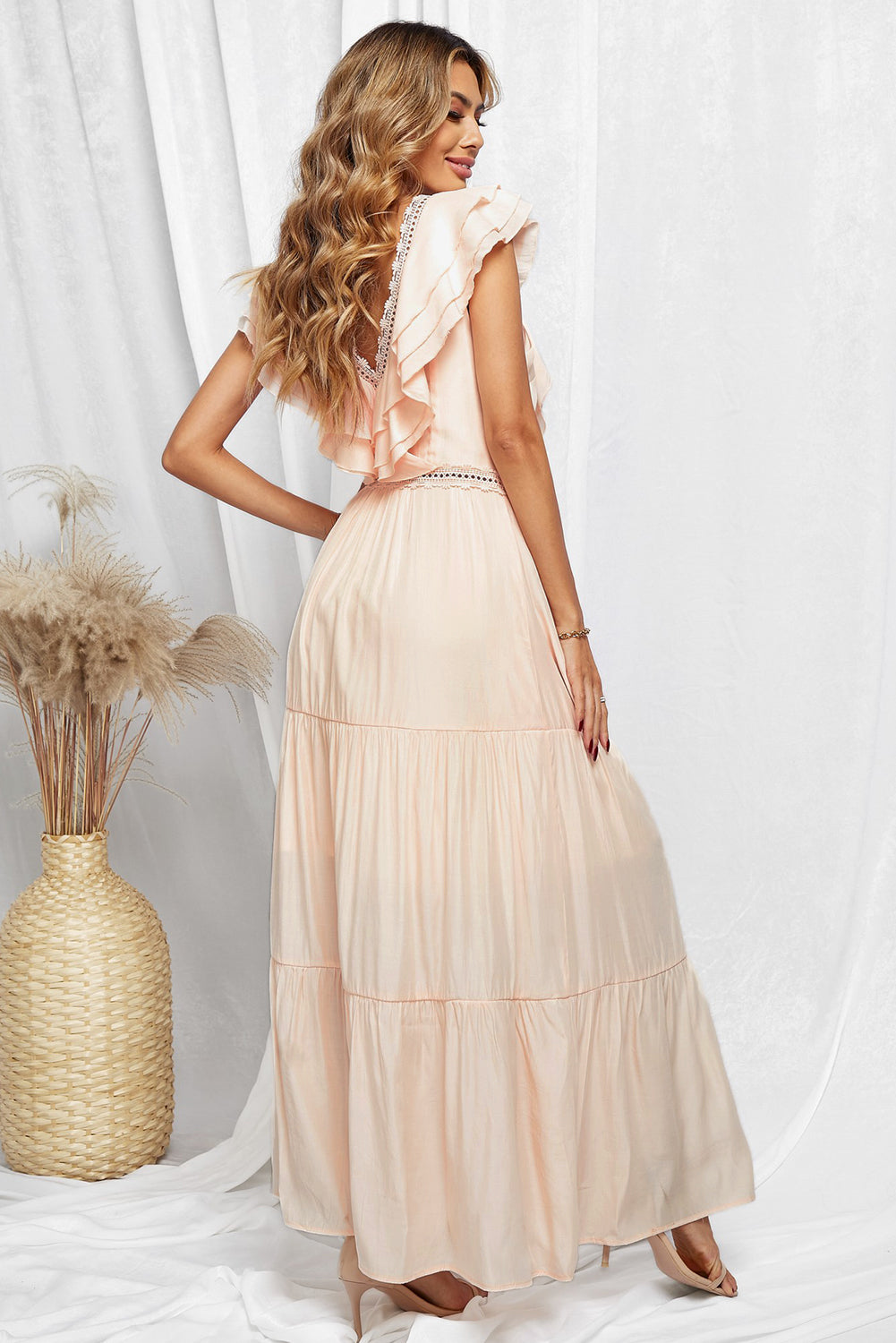 Lace Splicing Ruffled Deep V Neck Maxi Dress