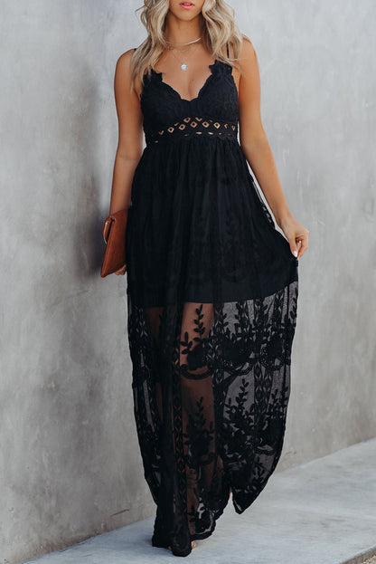 Black Lace Crisscross Backless Maxi Dress