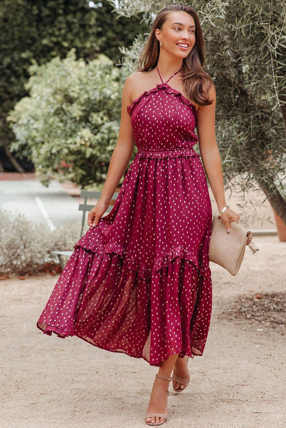 Red Polka Dot Print Ruffled Halter Neck Backless Long Dress