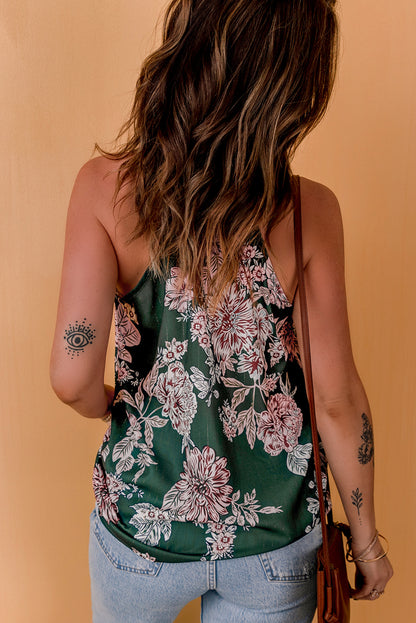 Women's Green Floral Print V-Neck Spaghetti Strap Tank Top