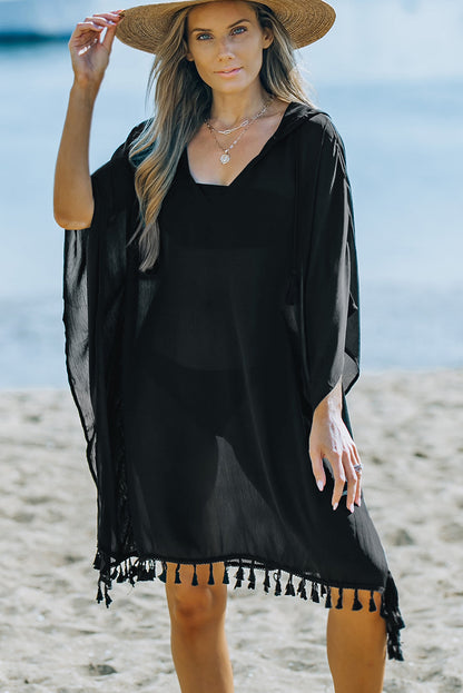 Black or White Hooded Oversized Beach Cover-Up with Tassels