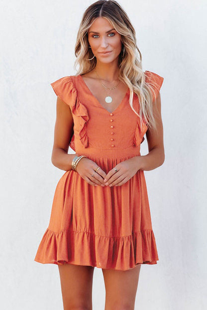 V Neck Ruffles Open Back A-line Mini Dress