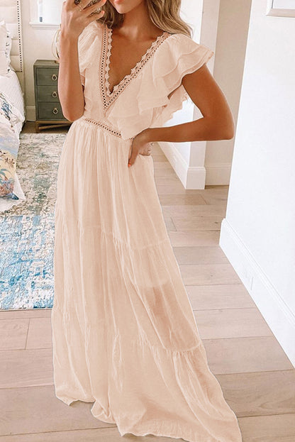 Lace Splicing Ruffled Deep V Neck Maxi Dress