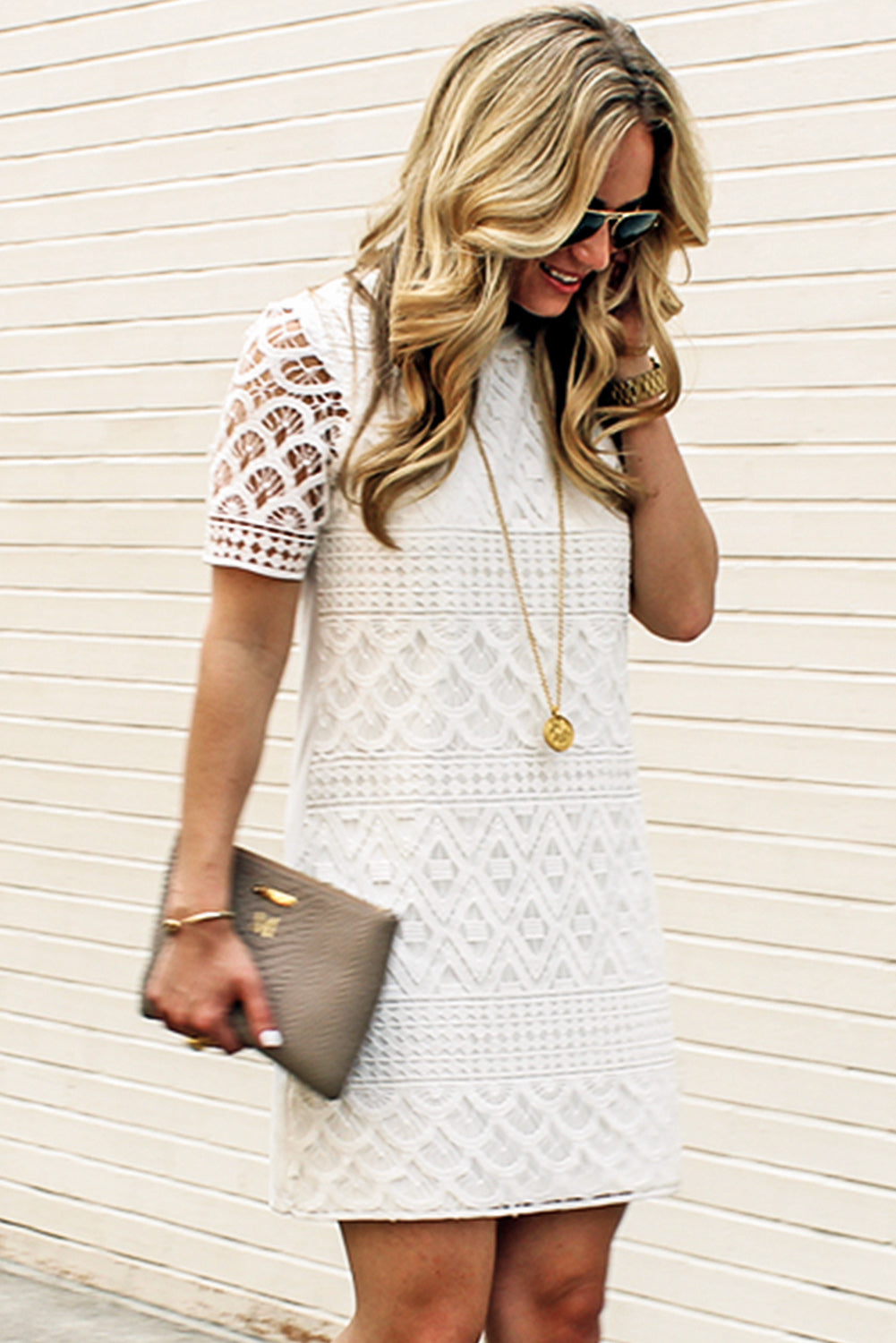 White Lace Crochet Hollow-out Short Sleeve Mini Dress