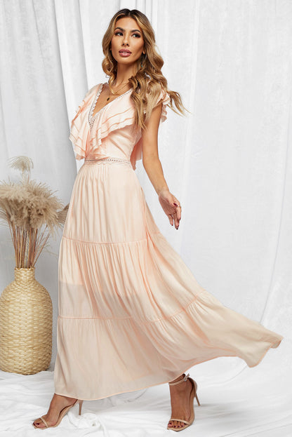 Lace Splicing Ruffled Deep V Neck Maxi Dress