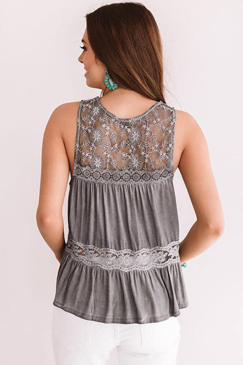 Gray Lace Embroidery Ruffled Sleeveless Top