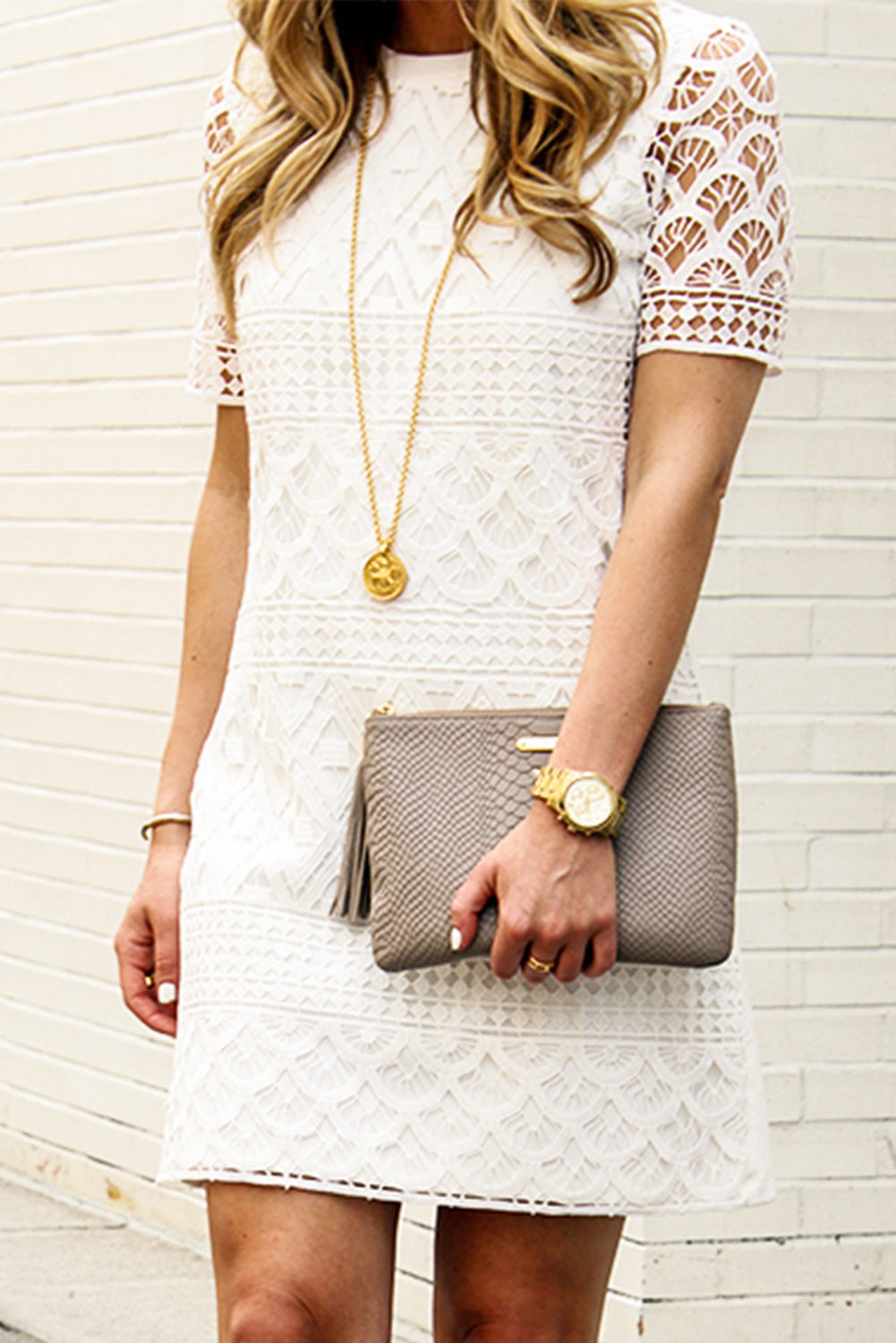 White Lace Crochet Hollow-out Short Sleeve Mini Dress