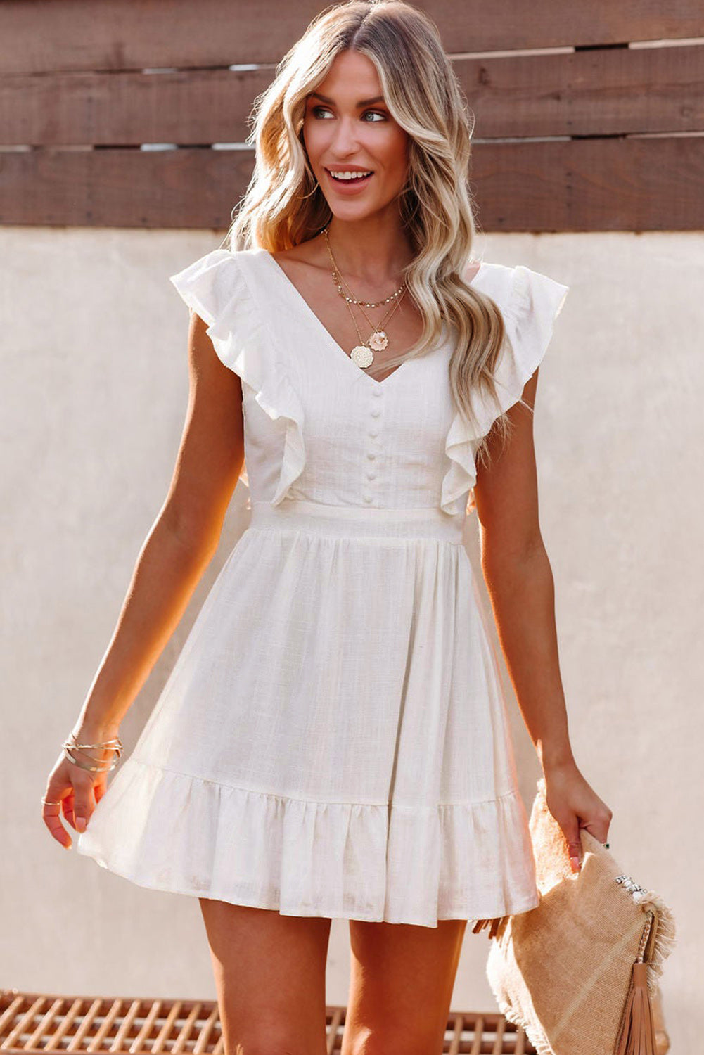 White V Neck Ruffles Open Back A-line Mini Dress