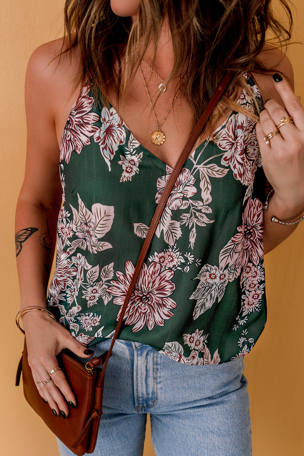 Women's Green Floral Print V-Neck Spaghetti Strap Tank Top