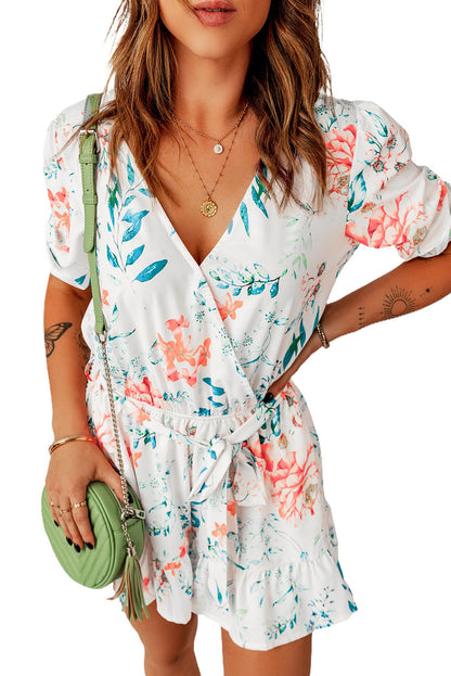 Floral Print Puff Sleeves Romper