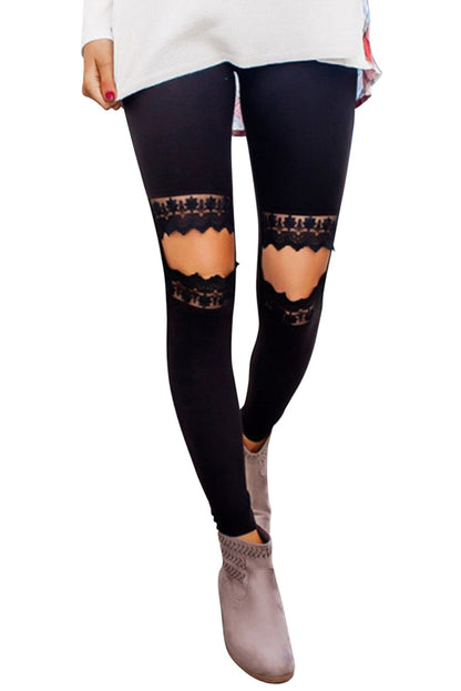 Floral Hollow Out Black Skinny Leggings