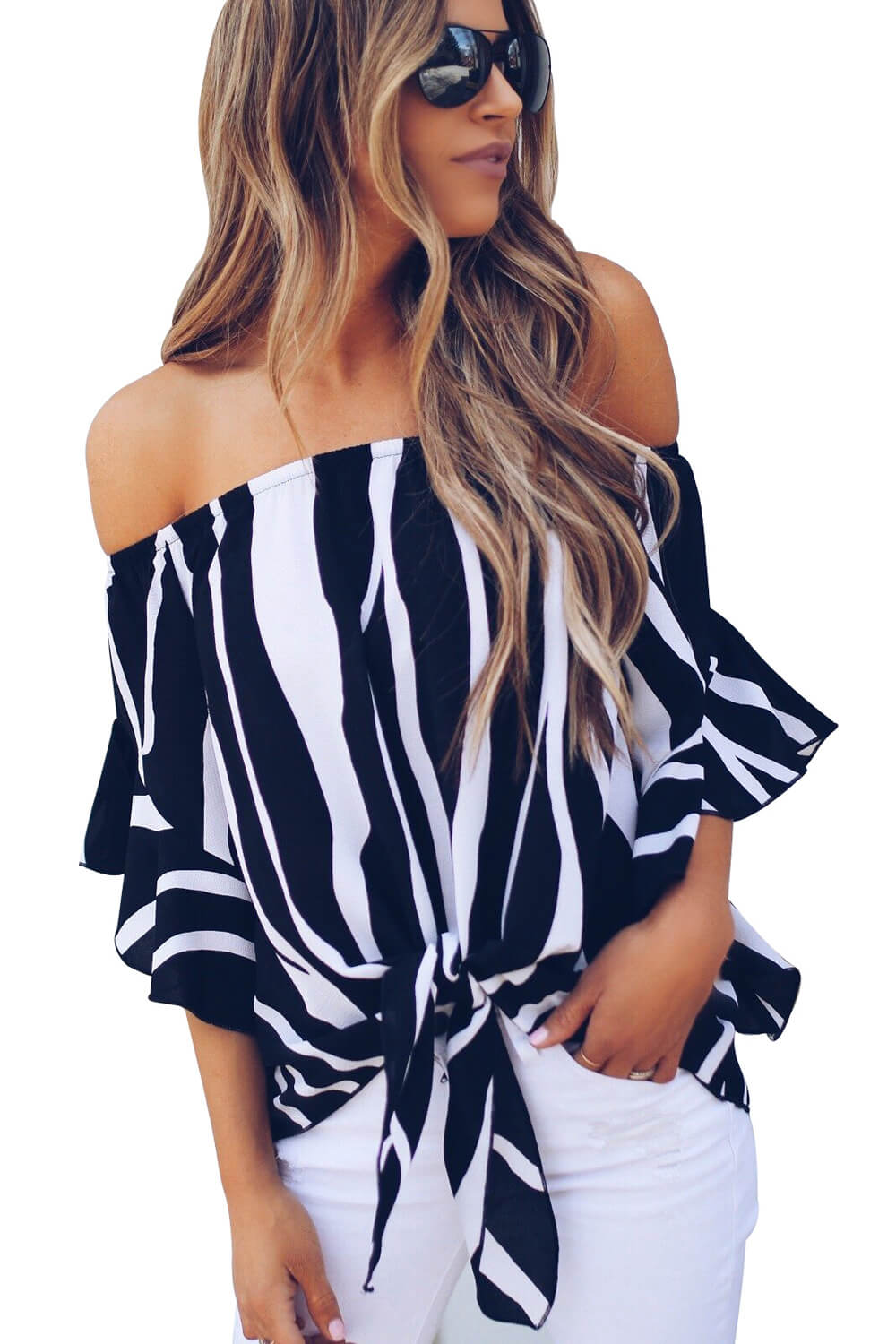 Women's Off-Shoulder Zebra Print Tie-Front Top with Ruffle Detail