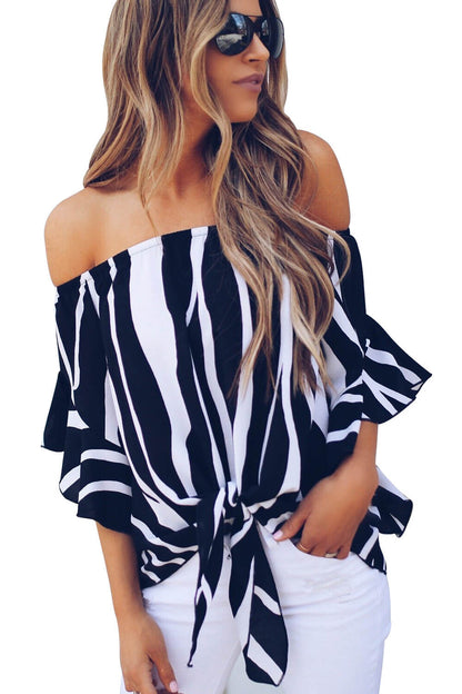 Women's Off-Shoulder Zebra Print Tie-Front Top with Ruffle Detail