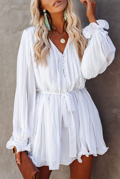 V-Neck Pleated Tie-Waist Romper with Buttoned Front