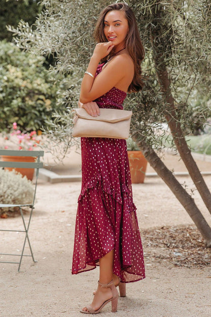 Red Polka Dot Print Ruffled Halter Neck Backless Long Dress