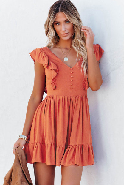 V Neck Ruffles Open Back A-line Mini Dress