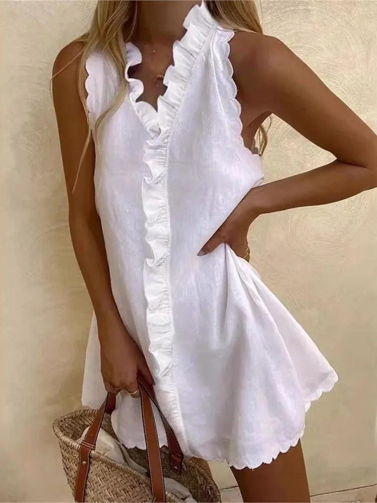 Elegant Cotton Linen Mini Dress | Sleeveless V-Neck Summer Style