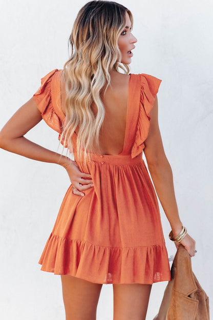 V Neck Ruffles Open Back A-line Mini Dress