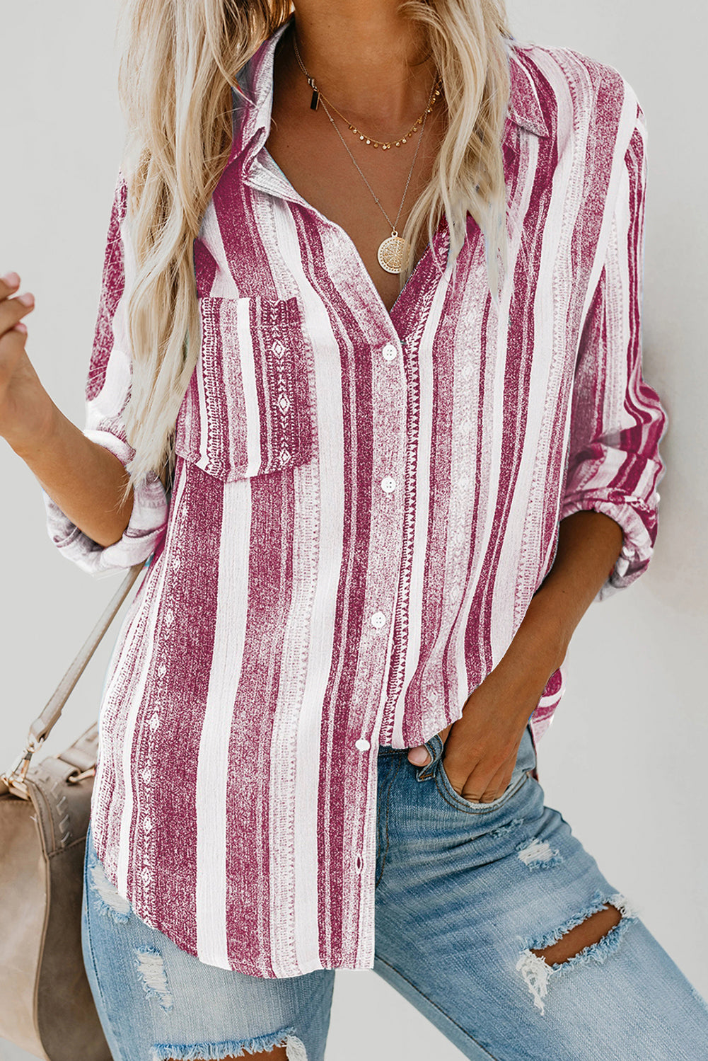 Women's Striped Button-Up Collared Top