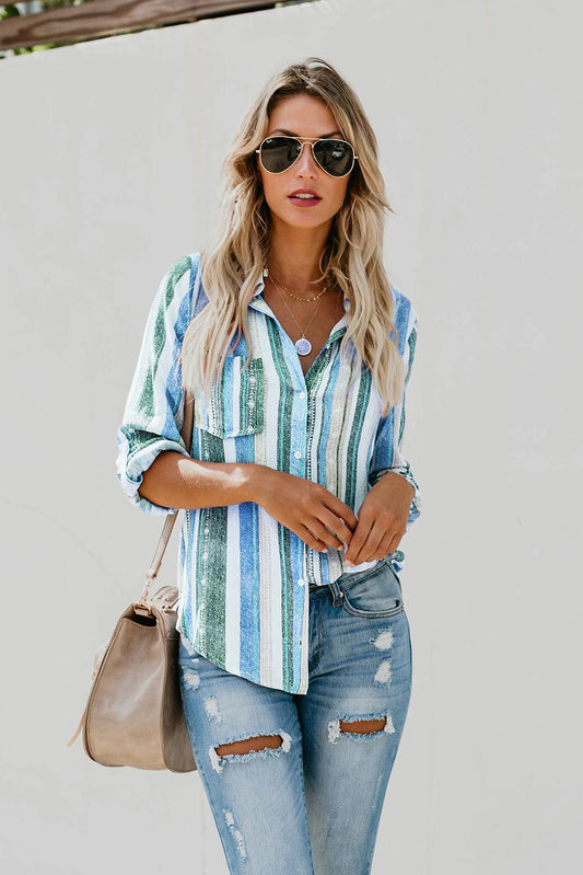 Women's Striped Button-Up Collared Top