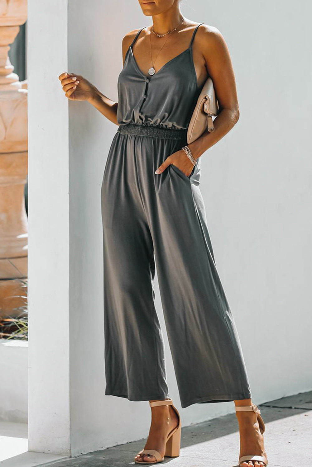 Gray Pocketed Spaghetti Straps Jumpsuit