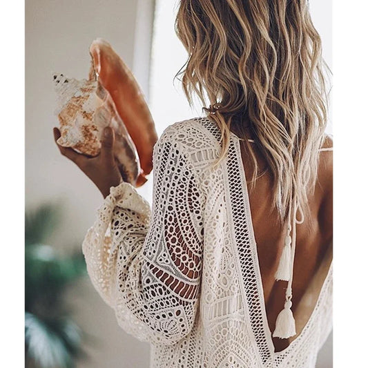 Boho Backless Beach Dress | Deep V-Neck with Tassel Details