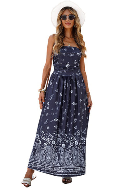 Boho Floral Strapless Maxi Dress – Unique & Chic