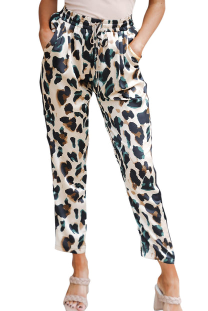 Drawstring Elastic Waist Leopard Print Pants