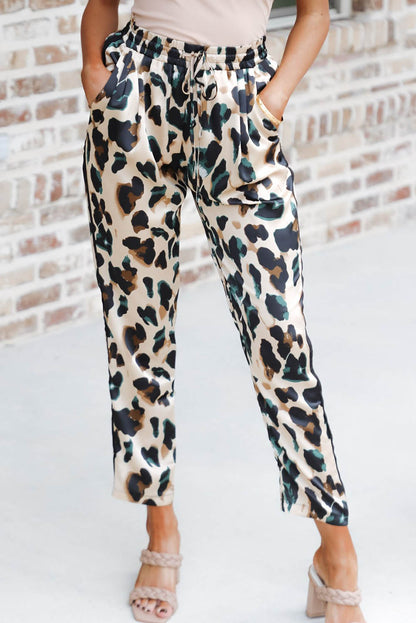 Drawstring Elastic Waist Leopard Print Pants