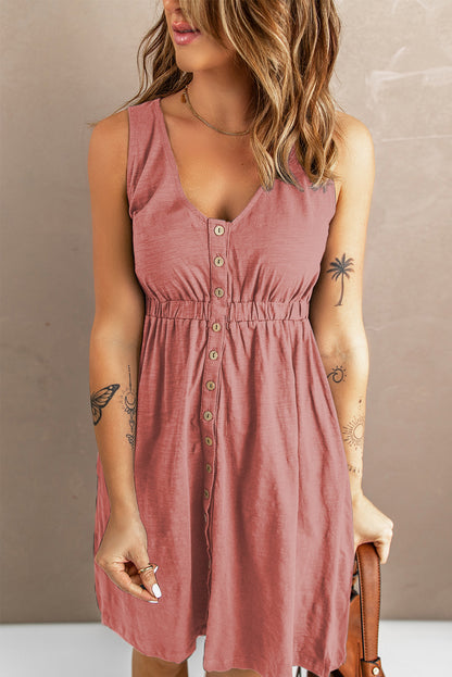 High-Waist Sleeveless Button-Up Mini Dress