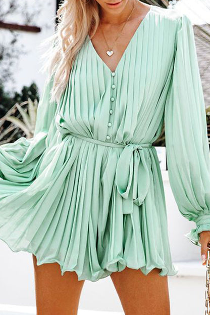 V-Neck Pleated Tie-Waist Romper with Buttoned Front