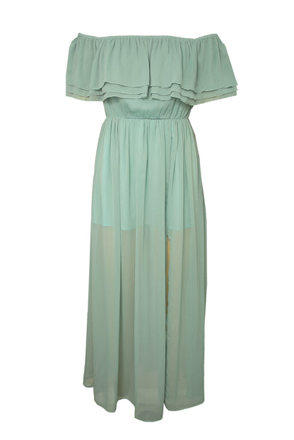 Off-the-shoulder Ruffled Maxi Dress with Split