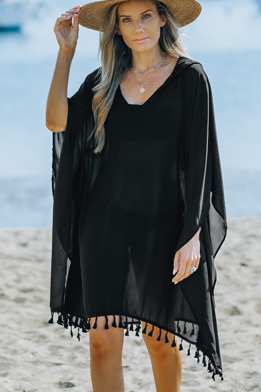 Black or White Hooded Oversized Beach Cover-Up with Tassels