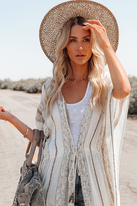 White Striped Print Drawstring Open Front Kimono