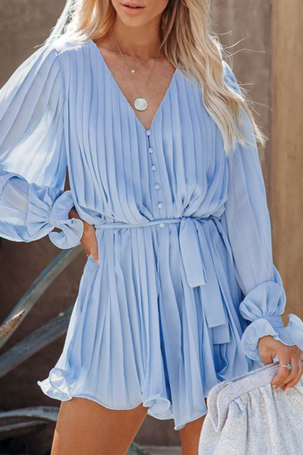 V-Neck Pleated Tie-Waist Romper with Buttoned Front