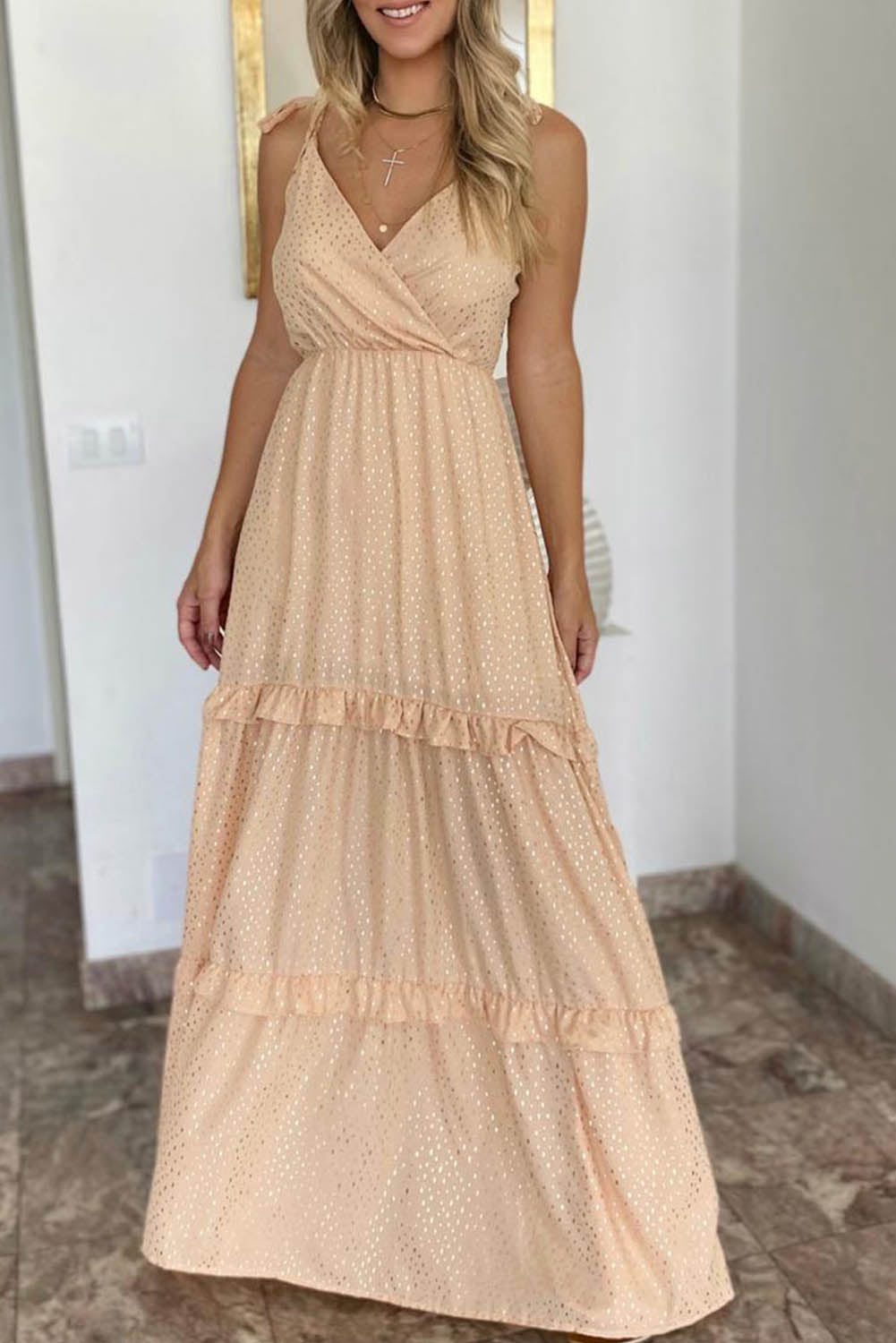 Khaki Polka Dot Print Ruffled Lace-up Strap Sleeveless Long Dress