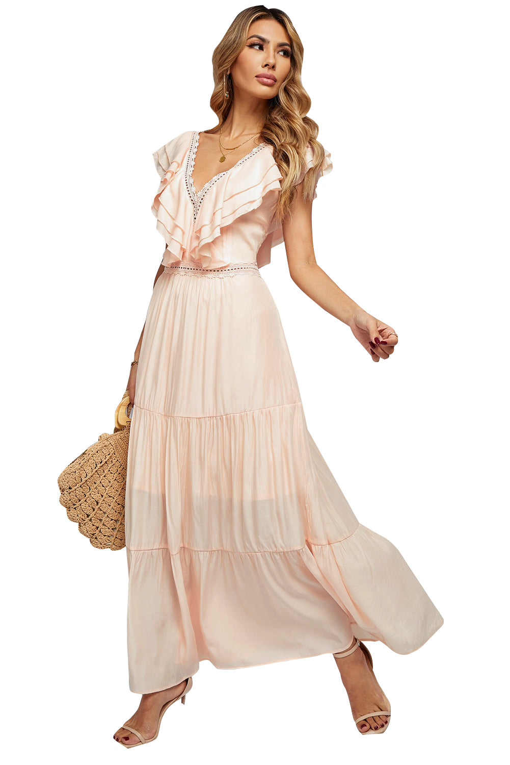 Lace Splicing Ruffled Deep V Neck Maxi Dress