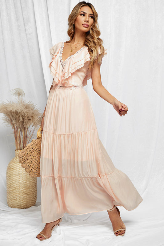 Lace Splicing Ruffled Deep V Neck Maxi Dress