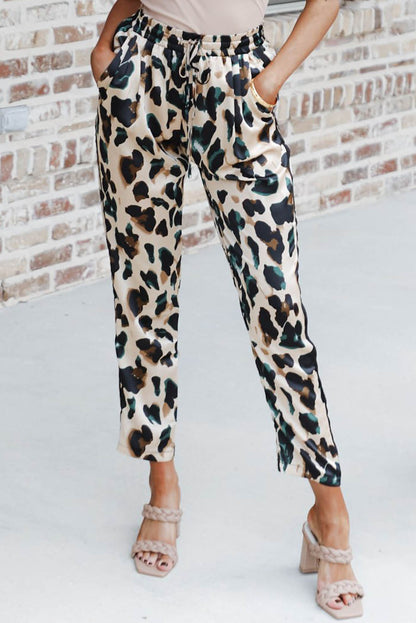 Drawstring Elastic Waist Leopard Print Pants