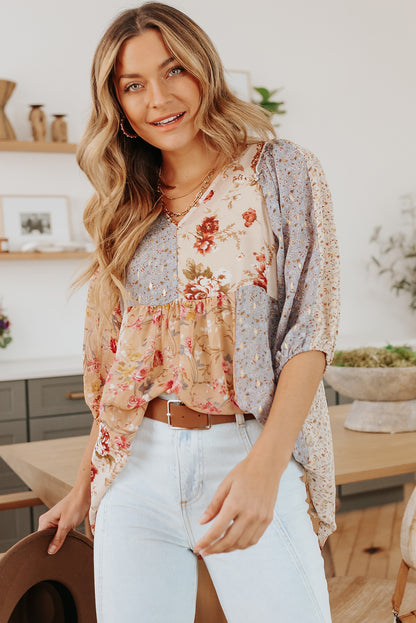 Women's Multicolor V-Neck Mixed Floral Babydoll Top