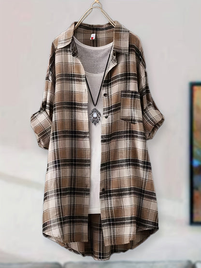 Plaid button-up longline shirt for women