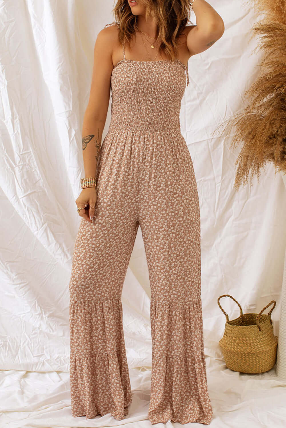 Floral Spaghetti Strap Smocking Jumpsuit Wide Leg