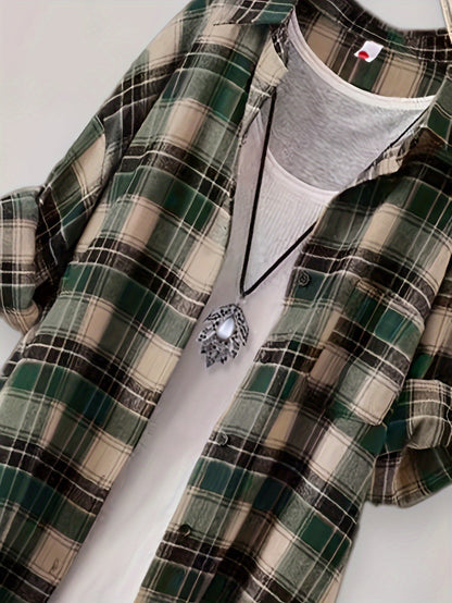 Plaid button-up longline shirt for women