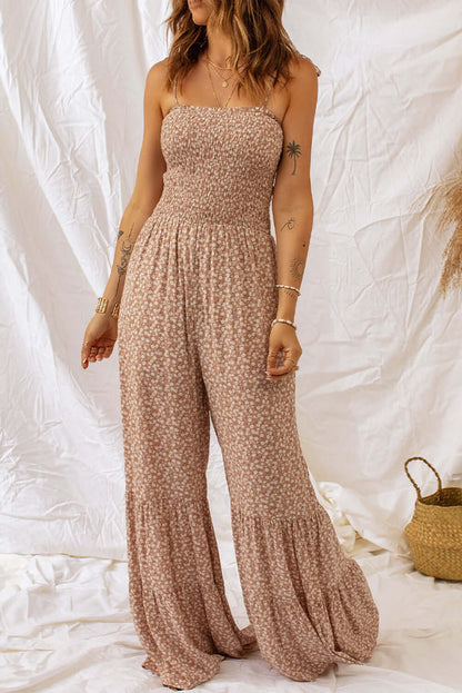 Floral Spaghetti Strap Smocking Jumpsuit Wide Leg