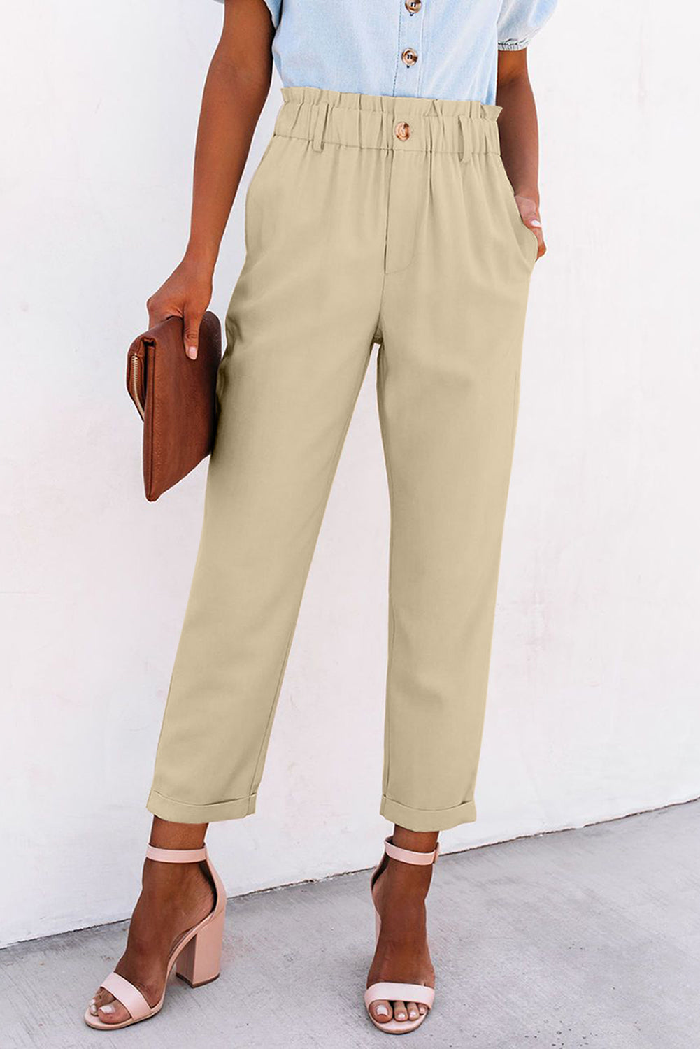 High Rise Paper Bag Waist Pocketed Casual Pants