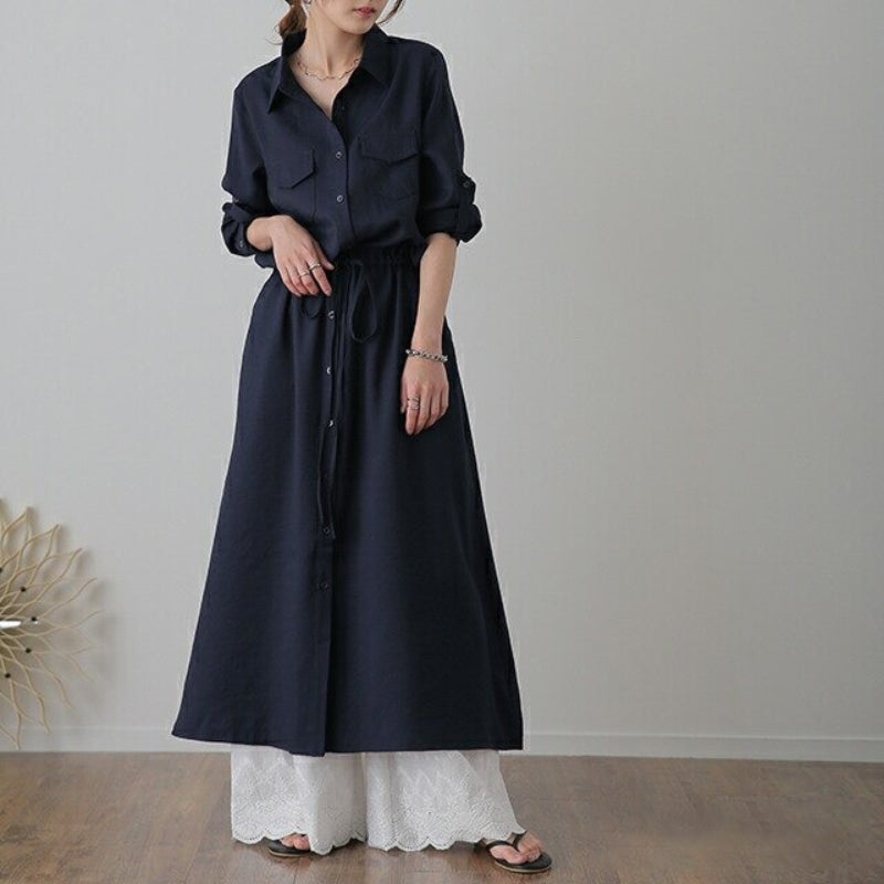 Casual Turn Down Collar Belted Maxi Dress with Pockets