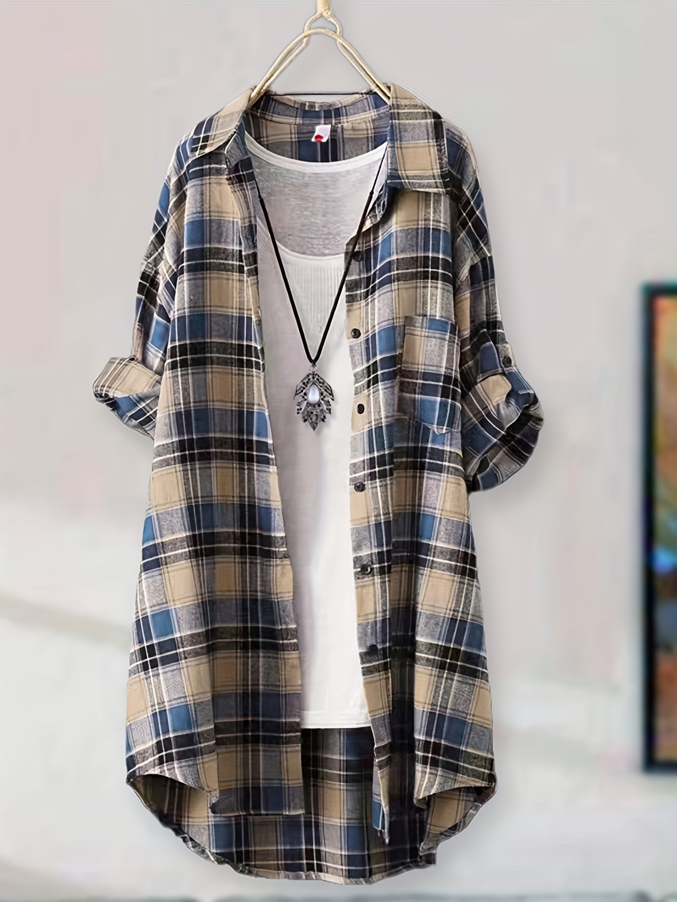 Plaid button-up longline shirt for women