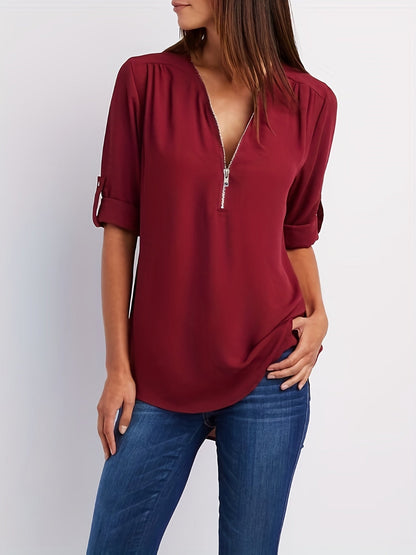 Half zip-front formal blouse for women